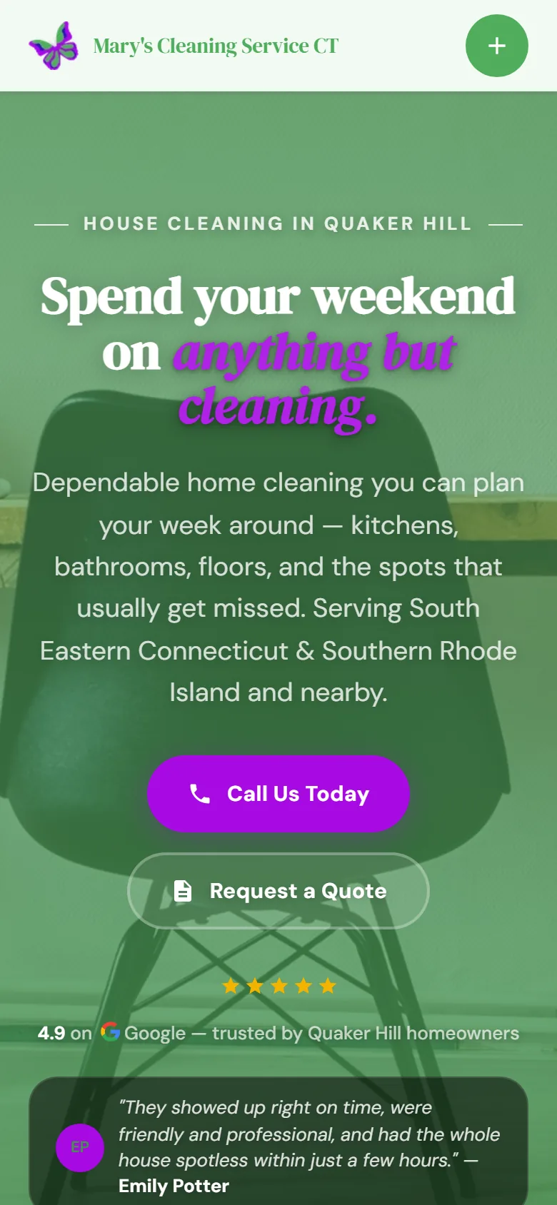 Mary's Cleaning Service CT — the live site on a phone.