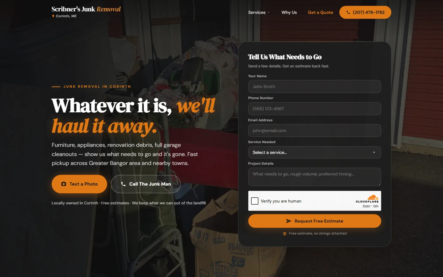 Scribner's Junk Removal — the live homepage on desktop.